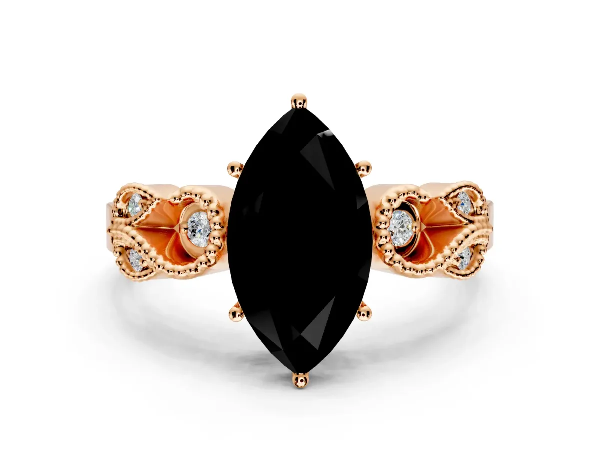 Leaf Engagement Ring Setting for Fancy Black Marquise Center with Milgrain Accent Band and Prong Head in Rose Gold