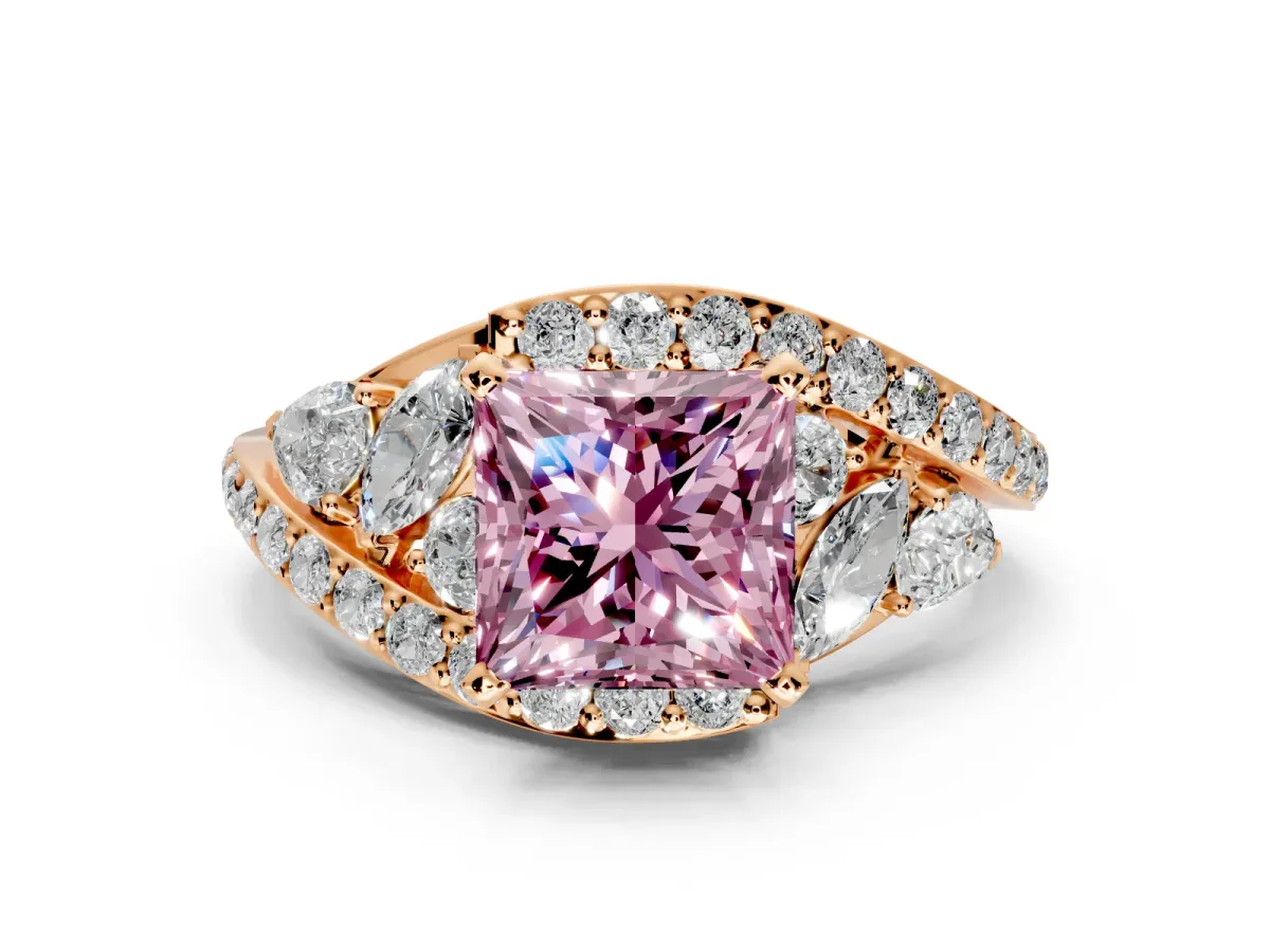 Halo Engagement Ring Setting for Fancy Pink Princess Cut Center with Marquise and Pave Bypass Band and Prong Head in Rose Gold