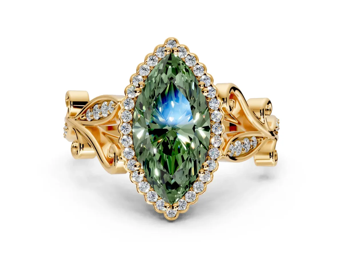 Halo Engagement Ring Setting for Fancy Green Marquise Center with Leaf Motif Split Shank and Prong Head in Yellow Gold