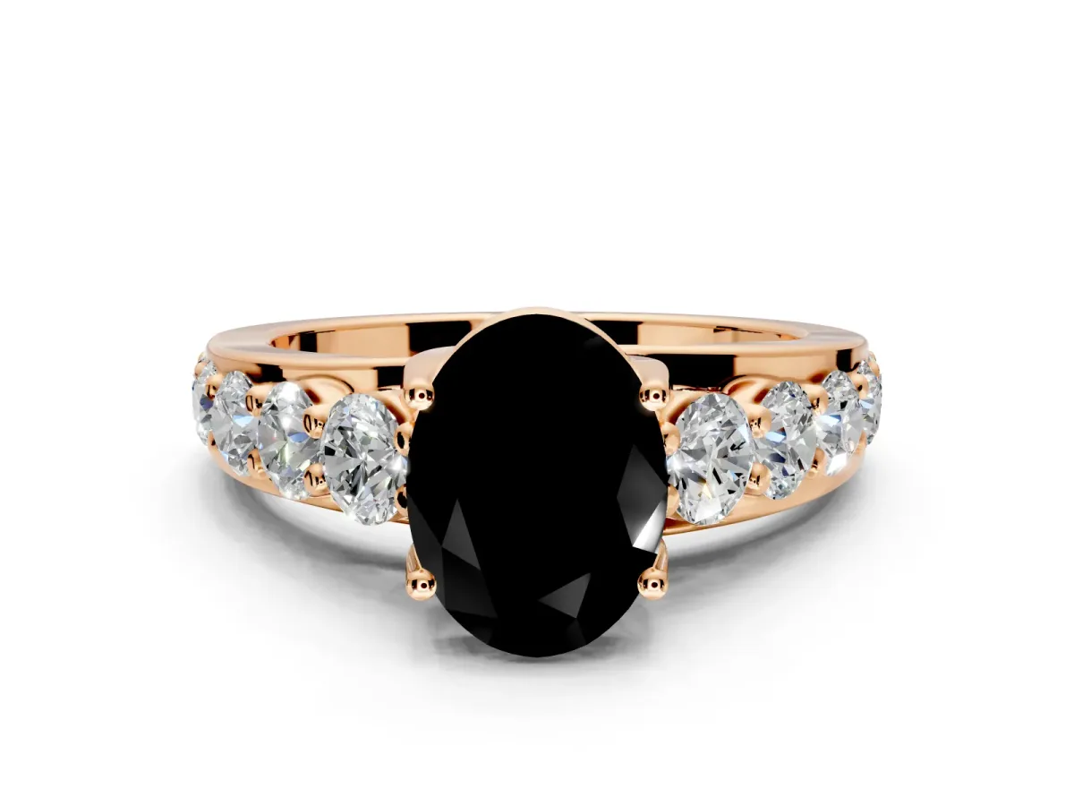 Solitaire Engagement Ring Setting for Fancy Black Oval Center with Graduated Shared Prongs and Prong Head in Rose Gold