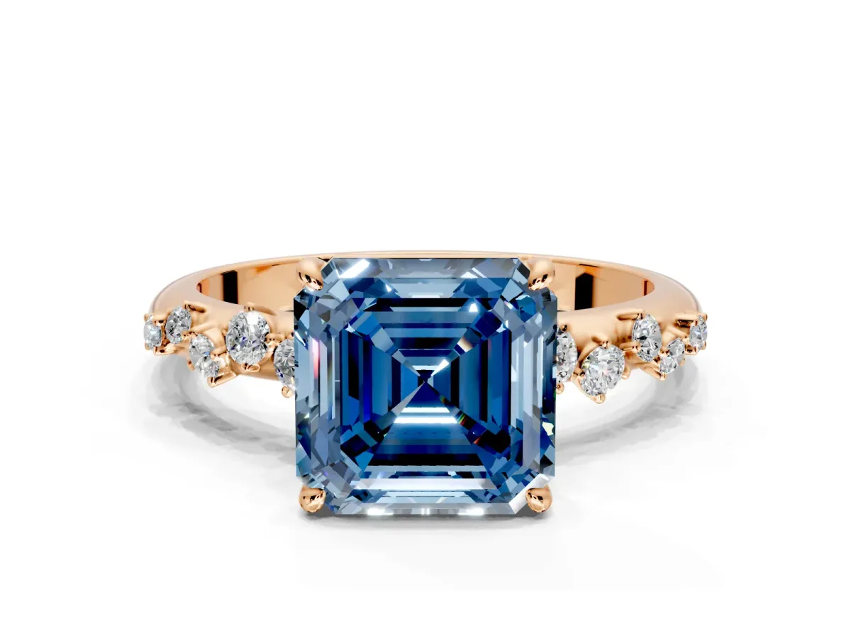 Cluster Engagement Ring Setting for Fancy Blue Asscher Cut Center with Round Cut Accent Band and Prong Head in Rose Gold