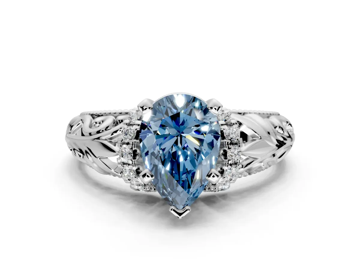 Solitaire Engagement Ring Setting for Fancy Blue Pear-Shaped Center with Filigree Accent Basket and Prong Head in Platinum
