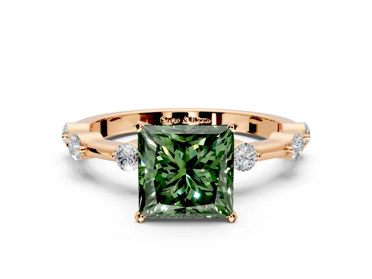 Solitaire Engagement Ring Setting for Fancy Green Princess Cut Center with Bezel Station Band and Prong Head in Rose Gold