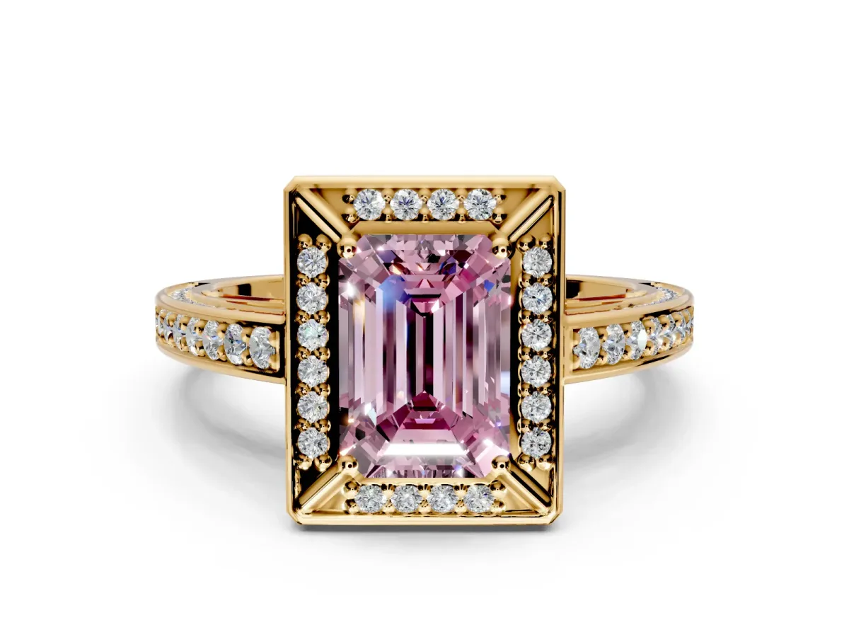 Halo Engagement Ring Setting for Fancy Pink Emerald Cut Center with Framed Halo, Pave Band and Prong Head in Yellow Gold