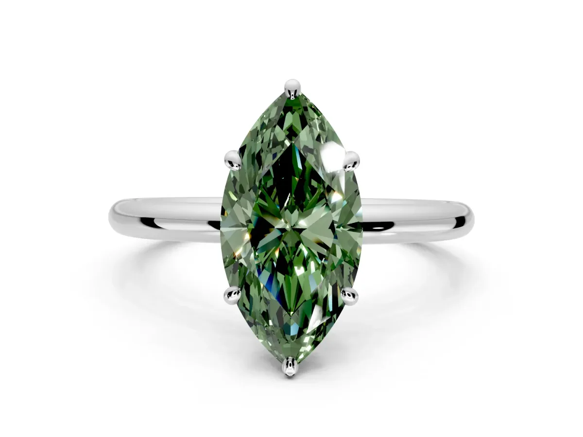 Low-Set Solitaire Engagement Ring Setting for Fancy Green Oval Center with Thin Plain Band and Prong Head in Platinum