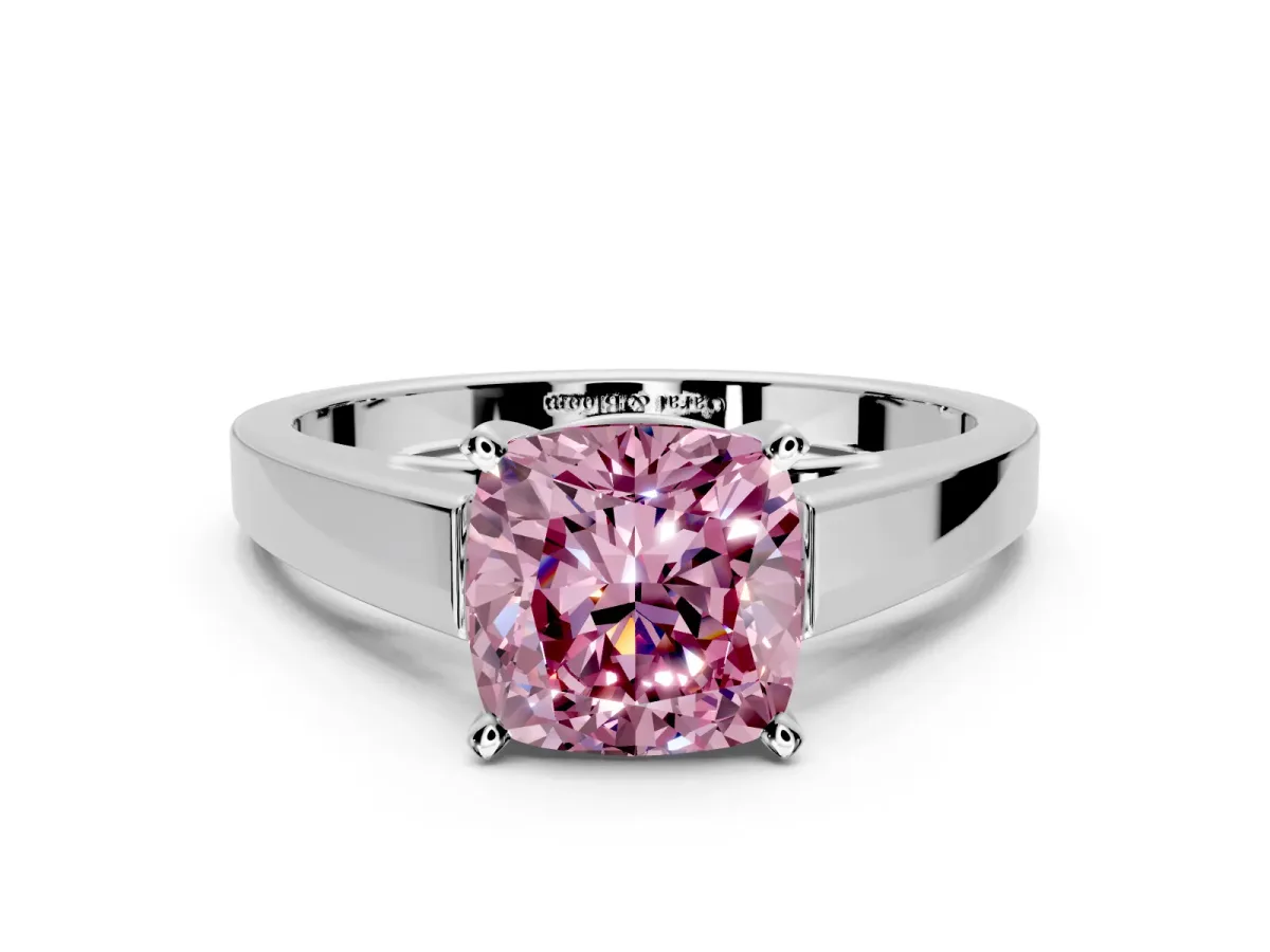 Solitaire Engagement Ring Setting for Fancy Pink Cushion Cut Center with Tapered Split Shoulders and Prong Head in Sterling Silver