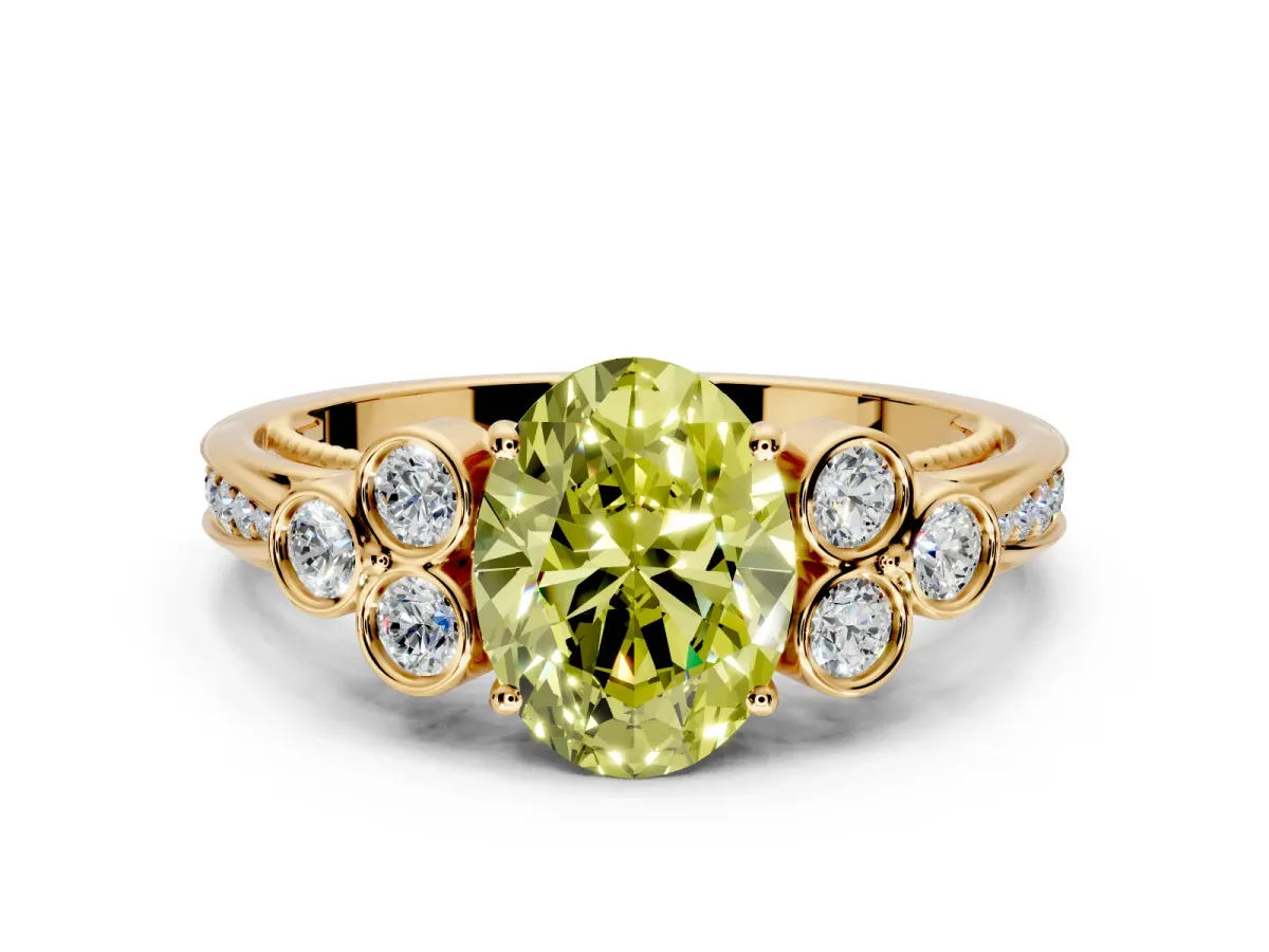 Cluster Engagement Ring Setting for Fancy Yellow Oval Center with Bezel Accent Clusters and Prong Head in Yellow Gold