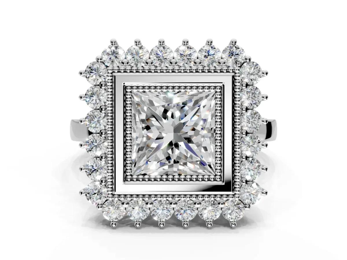 Halo Engagement Ring Setting for Princess Cut Center with Milgrain Bezel Rim, Plain Band and Prong Head in Sterling Silver