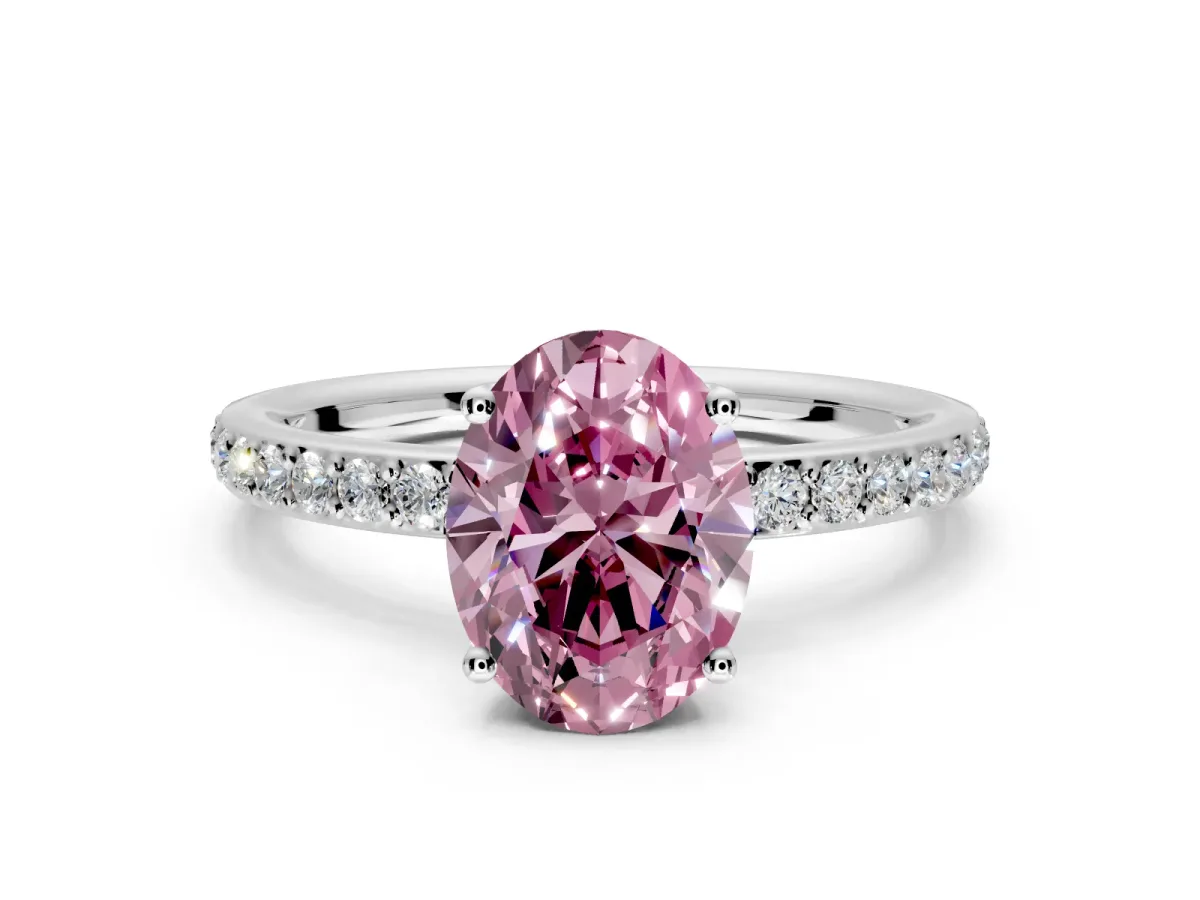 Solitaire Engagement Ring Setting for Fancy Pink Oval Center with Fine Pave Band and Prong Head in Sterling Silver