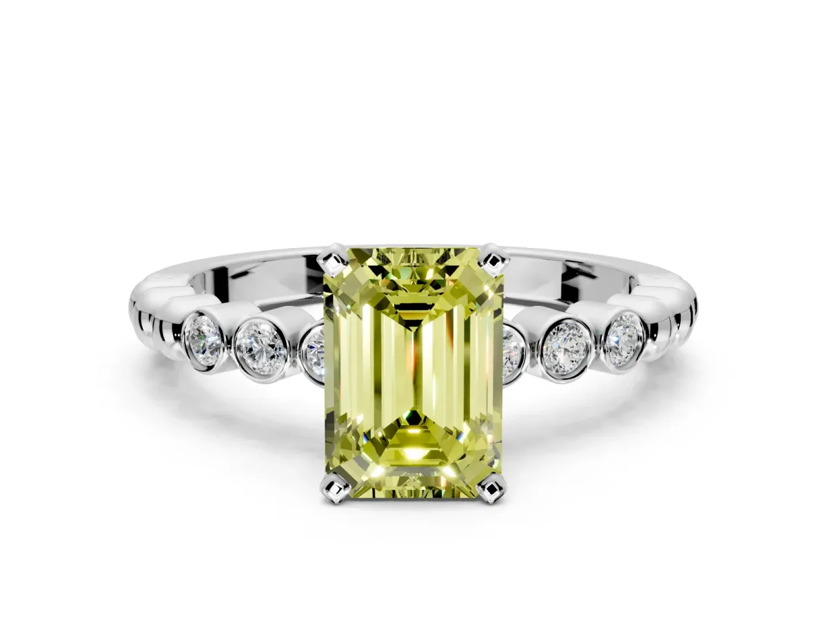 Solitaire Engagement Ring Setting for Fancy Yellow Emerald Cut Center with Bezel-Dot Beaded Band and Prong Head in Platinum