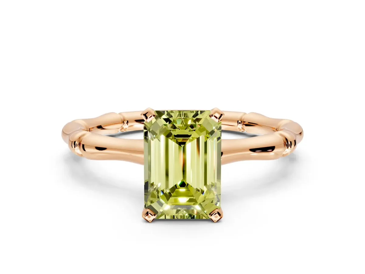 Solitaire Engagement Ring Setting for Fancy Yellow Emerald Cut Center with Bamboo Band and Prong Head in Rose Gold