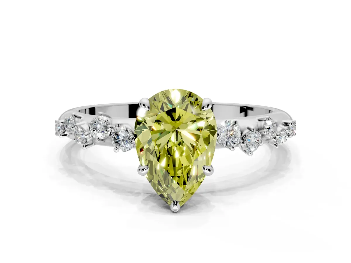 Cluster Engagement Ring Setting for Fancy Yellow Pear-Shaped Center with Round Cut Accent Band and Prong Head in Sterling Silver