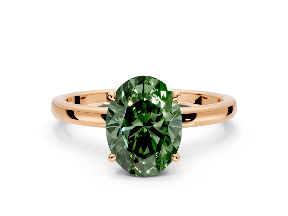 Hidden Halo Engagement Ring Setting for Fancy Green Oval Center with Plain Band and Tall Prong Head in Rose Gold