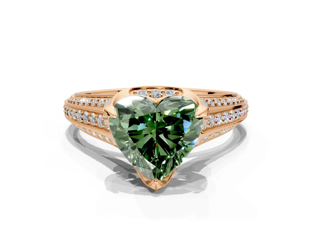 Solitaire Engagement Ring Setting for Fancy Green Heart-Shaped Center with Accented Split Shank and Prong Head in Rose Gold