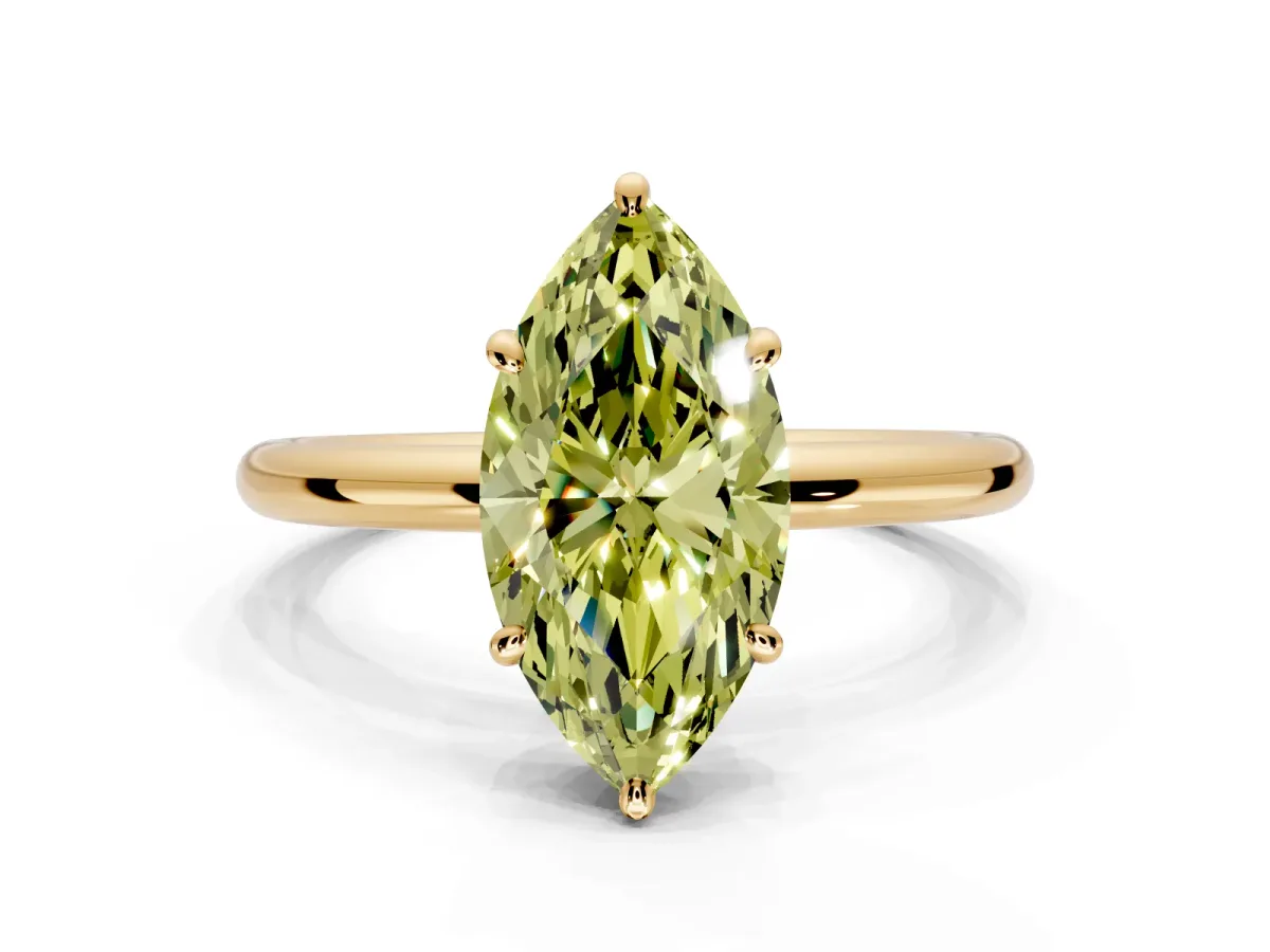 Low-Set Solitaire Engagement Ring Setting for Fancy Yellow Marquise Center with Thin Plain Band and Prong Head in Yellow Gold