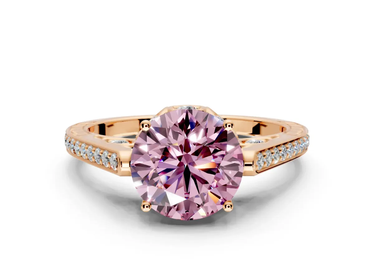 Cathedral Engagement Ring Setting for Fancy Pink Round Cut Center with Antique-Style Pave Band and Prong Head in Rose Gold