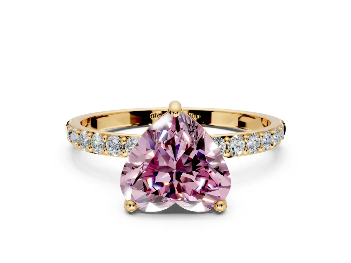 Solitaire Engagement Ring Setting for Fancy Pink Heart-Shaped Center with Pave Accents and Prong Head in Yellow Gold