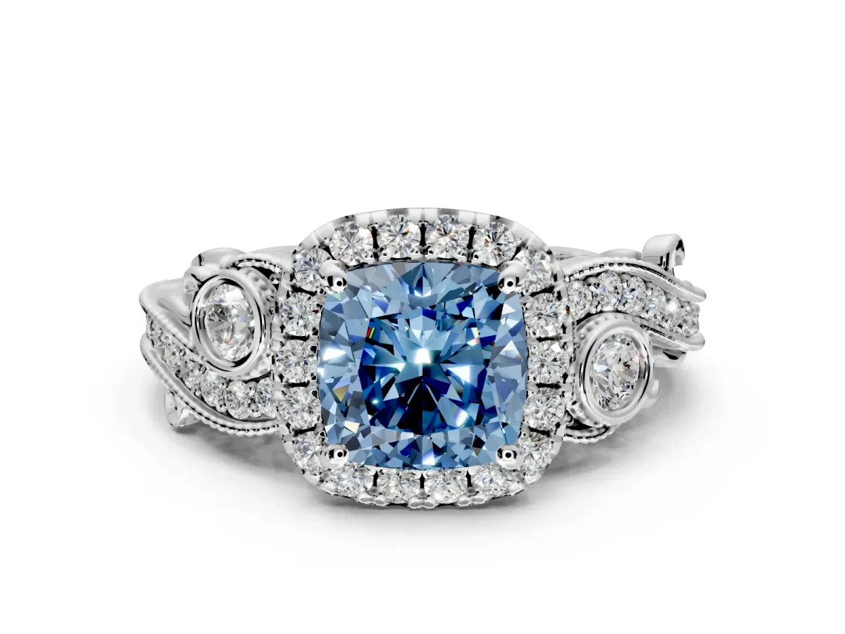 Milgrain Halo Engagement Ring Setting for Fancy Blue Cushion Cut Center with Shoulder Bezels and Prong Head in White Gold