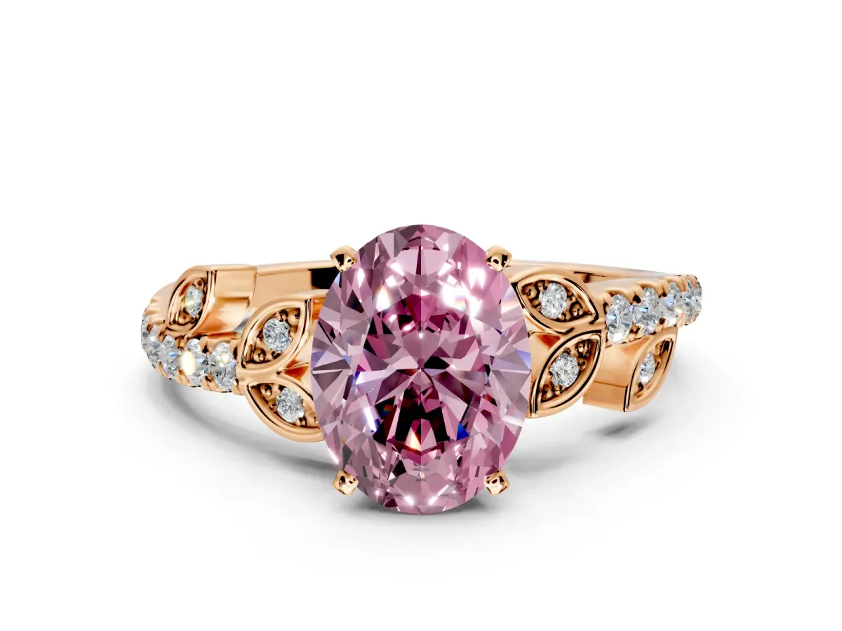 Leaf Motif Engagement Ring Setting for Fancy Pink Oval Center with Pave Band and Prong Head in Rose Gold