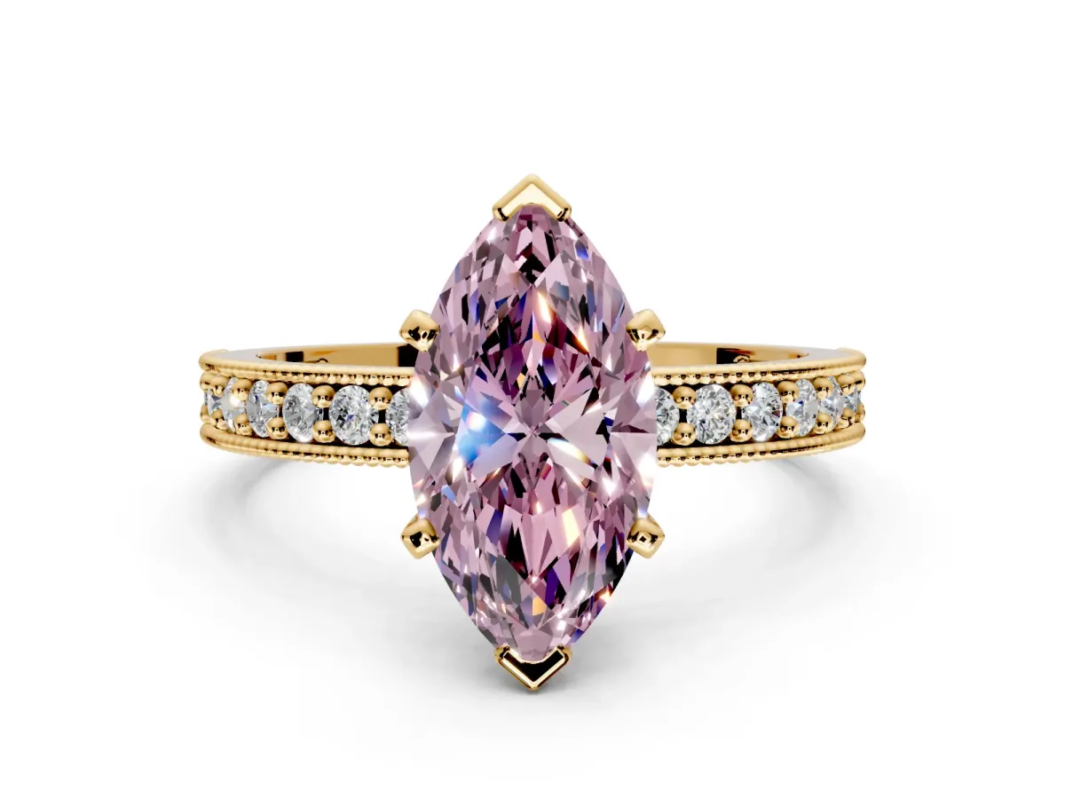 Milgrain Pave Engagement Ring Setting for Fancy Pink Marquise Center with Accent Band and Prong Head in Yellow Gold