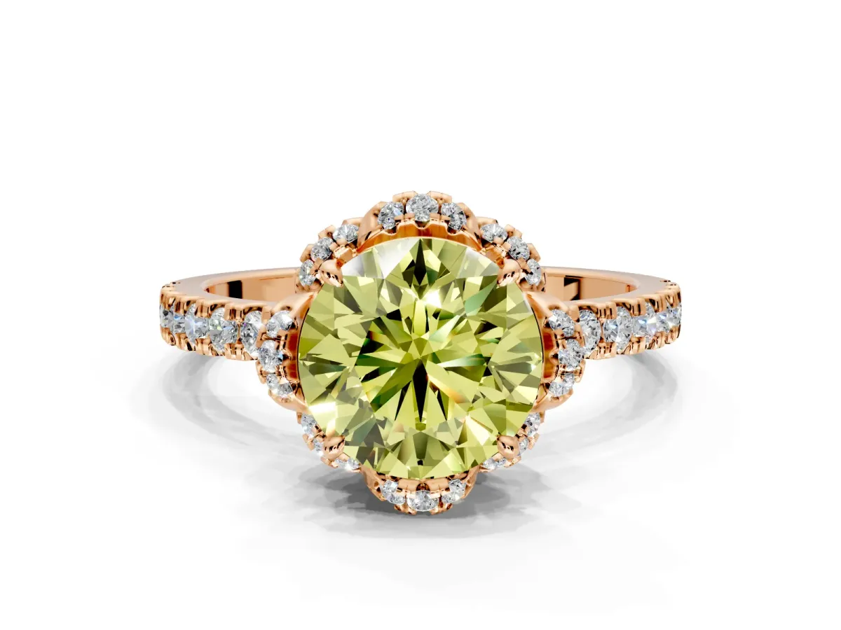 Halo Engagement Ring Setting for Fancy Yellow Round Cut Center with Openwork Halo, Pave Band and Prong Head in Rose Gold