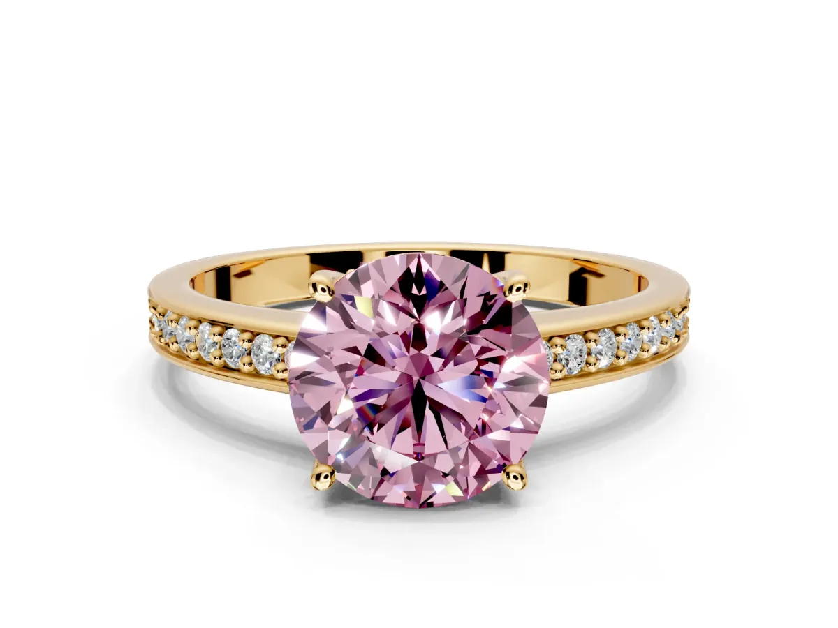 Solitaire Engagement Ring Setting for Fancy Pink Round Cut Center with Channel-Set Accent Band and Prong Head in Yellow Gold