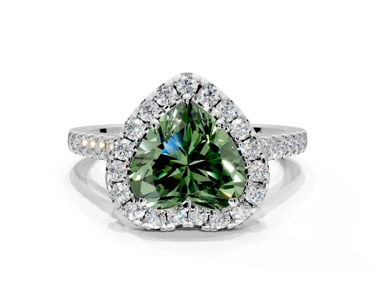 Halo Engagement Ring Setting for Fancy Green Heart-Shaped Center with Narrowing Pave Band and Prong Head in White Gold