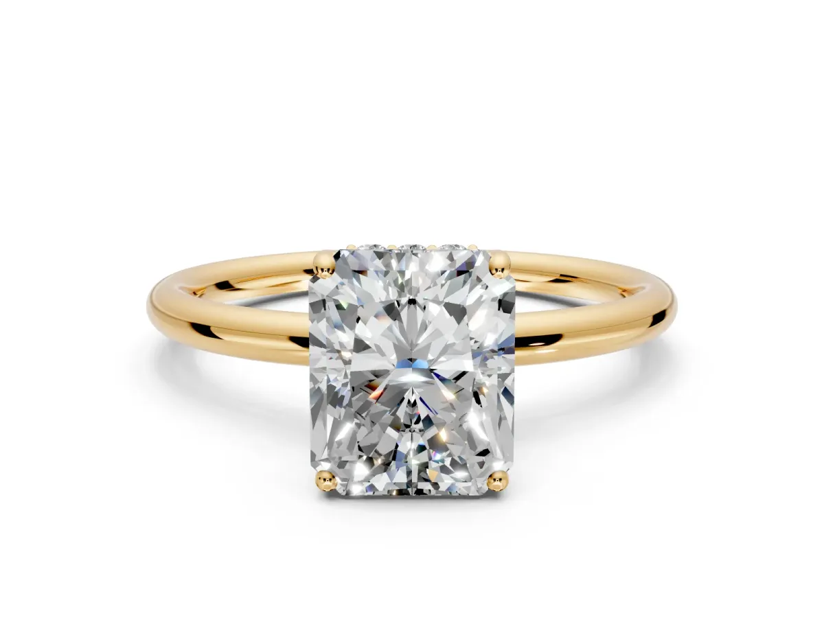 Solitaire Engagement Ring Setting for Radiant Cut Center with Plain Band, Open Basket and Prong Head in Yellow Gold