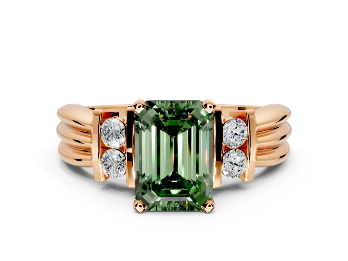Solitaire Engagement Ring Setting for Fancy Green Emerald Cut Center with Grooved Bar Accent Band and Prong Head in Rose Gold