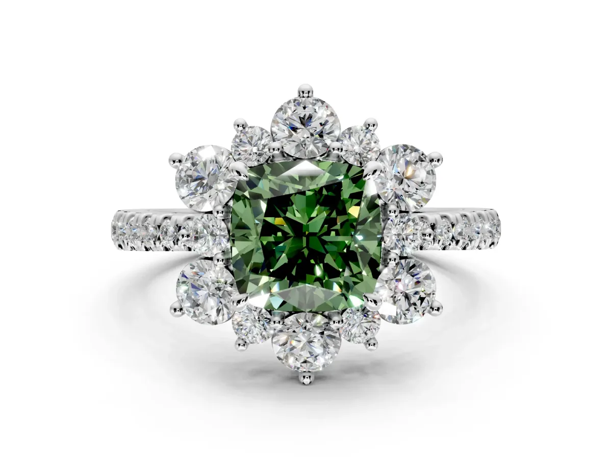 Floral Halo Engagement Ring Setting for Fancy Green Cushion Cut Center with Pave Accents and Prong Head in Platinum