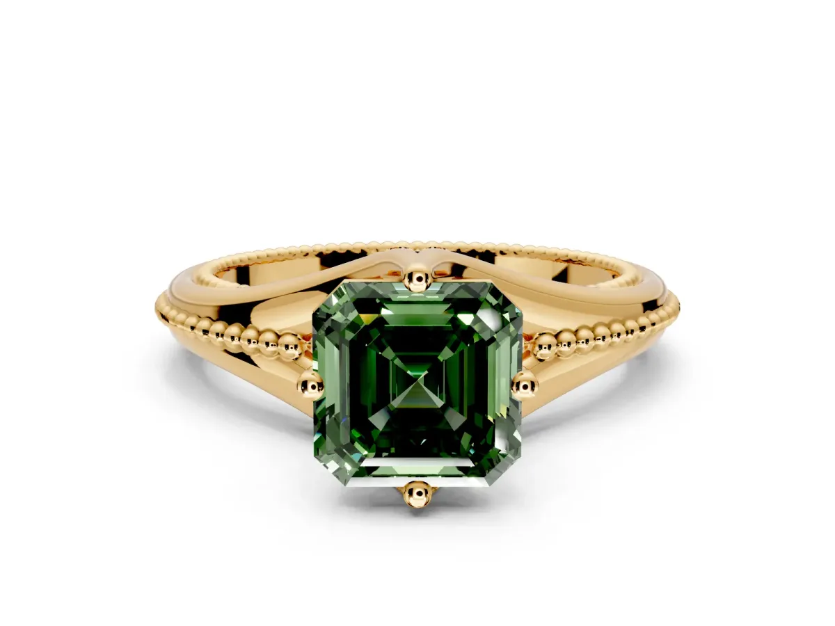 Solitaire Engagement Ring Setting for Fancy Green Asscher Cut Center with Milgrain Cathedral Band and Prong Head in Yellow Gold