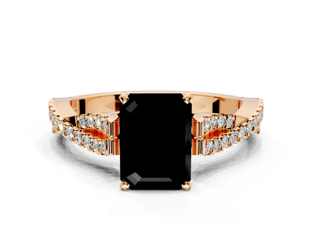 Solitaire Engagement Ring Setting for Fancy Black Emerald Cut Center with Twisted Pave Split Shank and Prong Head in Rose Gold