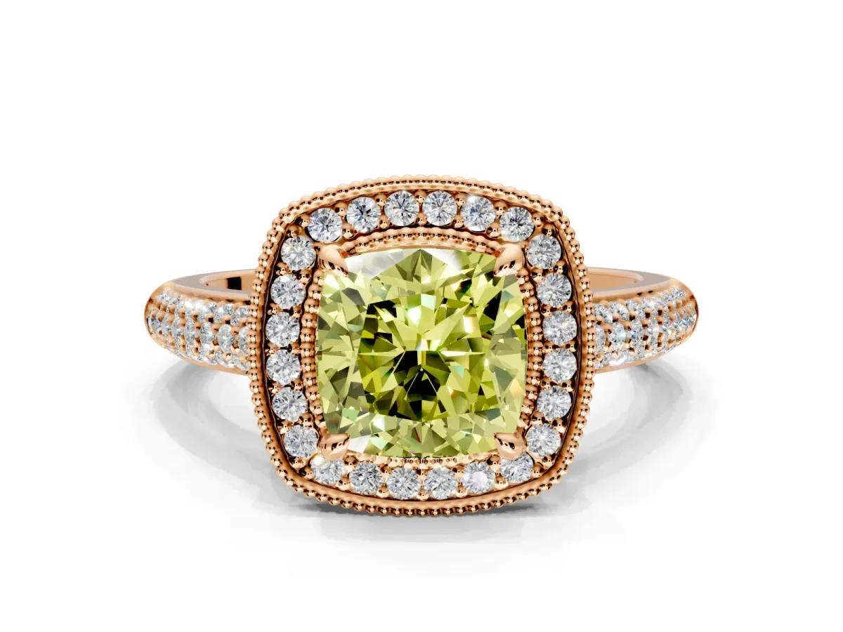 Milgrain Halo Engagement Ring Setting for Fancy Yellow Cushion Cut Center with Three-Sided Pave Band and Prong Head in Rose Gold