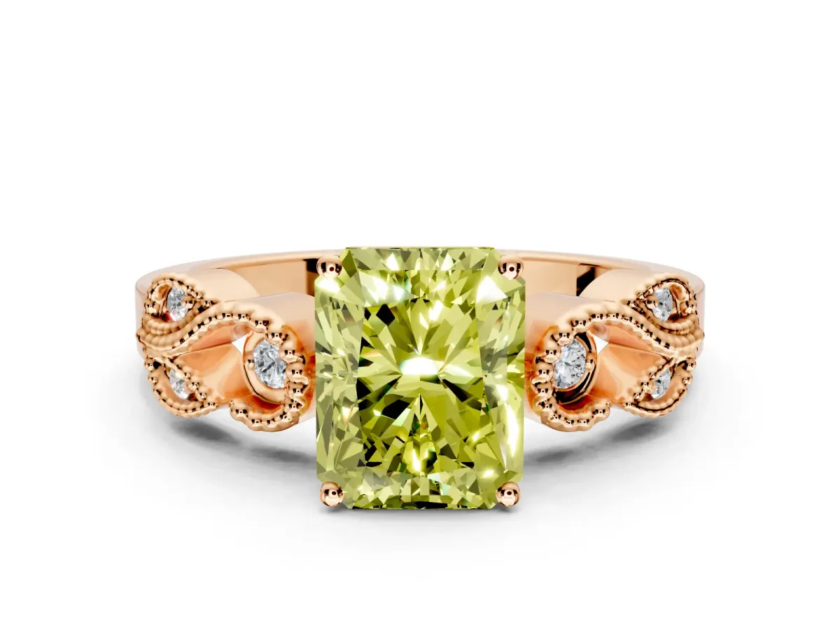 Leaf Engagement Ring Setting for Fancy Yellow Princess Cut Center with Milgrain Accent Band and Prong Head in Rose Gold