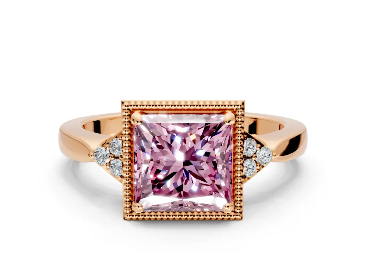 Cluster Engagement Ring Setting for Fancy Pink Princess Cut Center with Milgrain Shoulder Clusters and Prong Head in Rose Gold