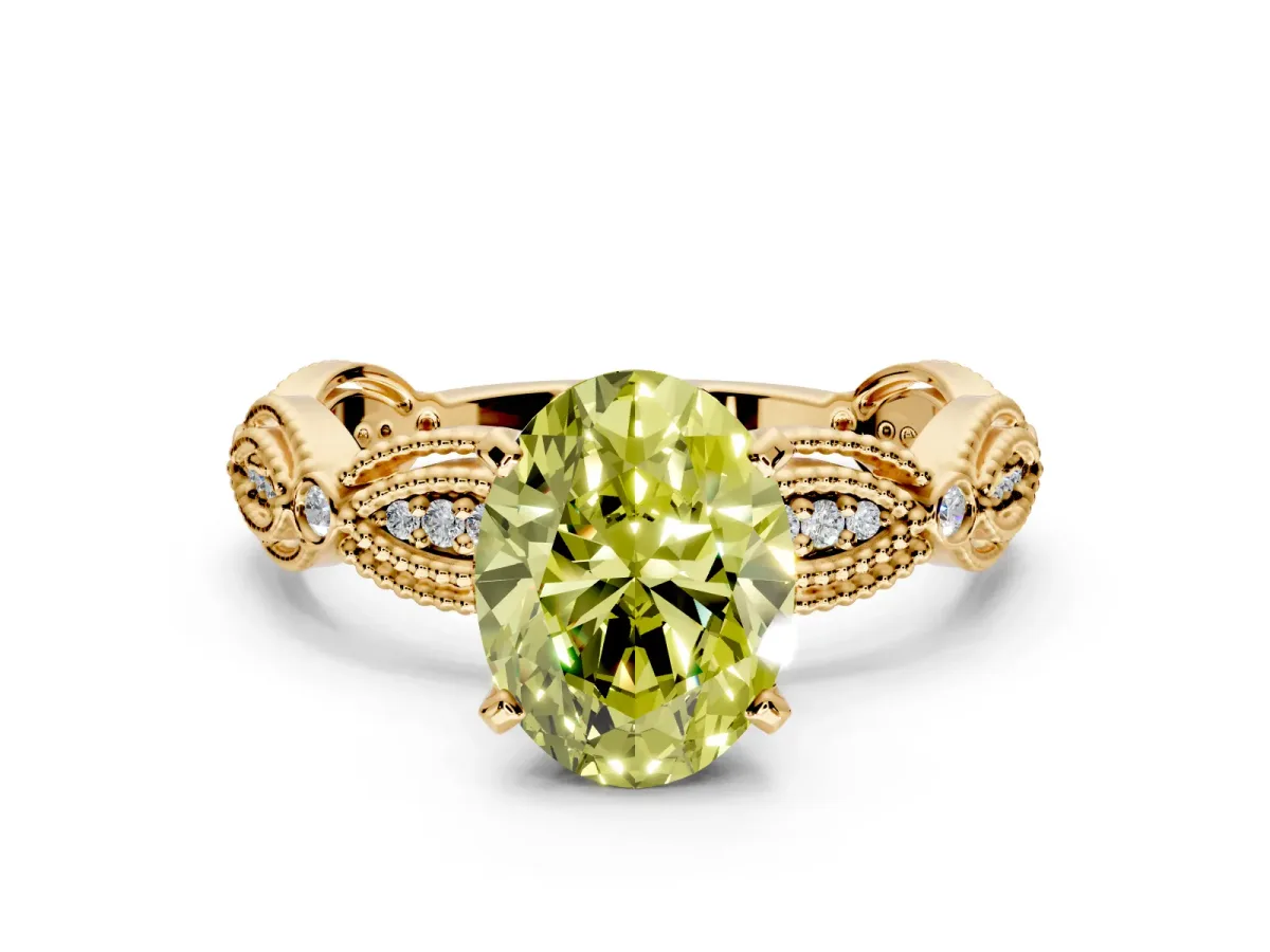 Solitaire Engagement Ring Setting for Fancy Yellow Oval Center with Marquise Panel Band and Prong Head in Yellow Gold