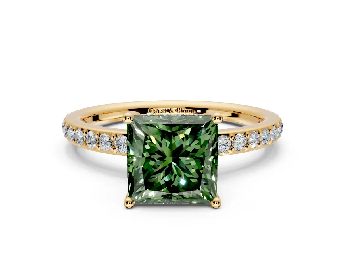 Solitaire Engagement Ring Setting for Fancy Green Princess Cut Center with Fine Pave Band and Prong Head in Yellow Gold