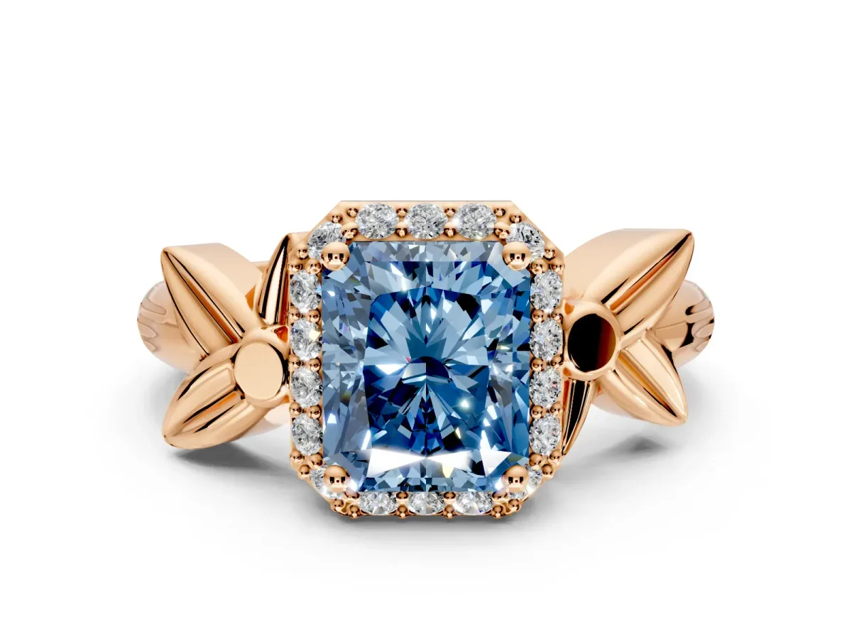 Halo Engagement Ring Setting for Fancy Blue Radiant Cut Center with Floral Band and Prong Head in Rose Gold