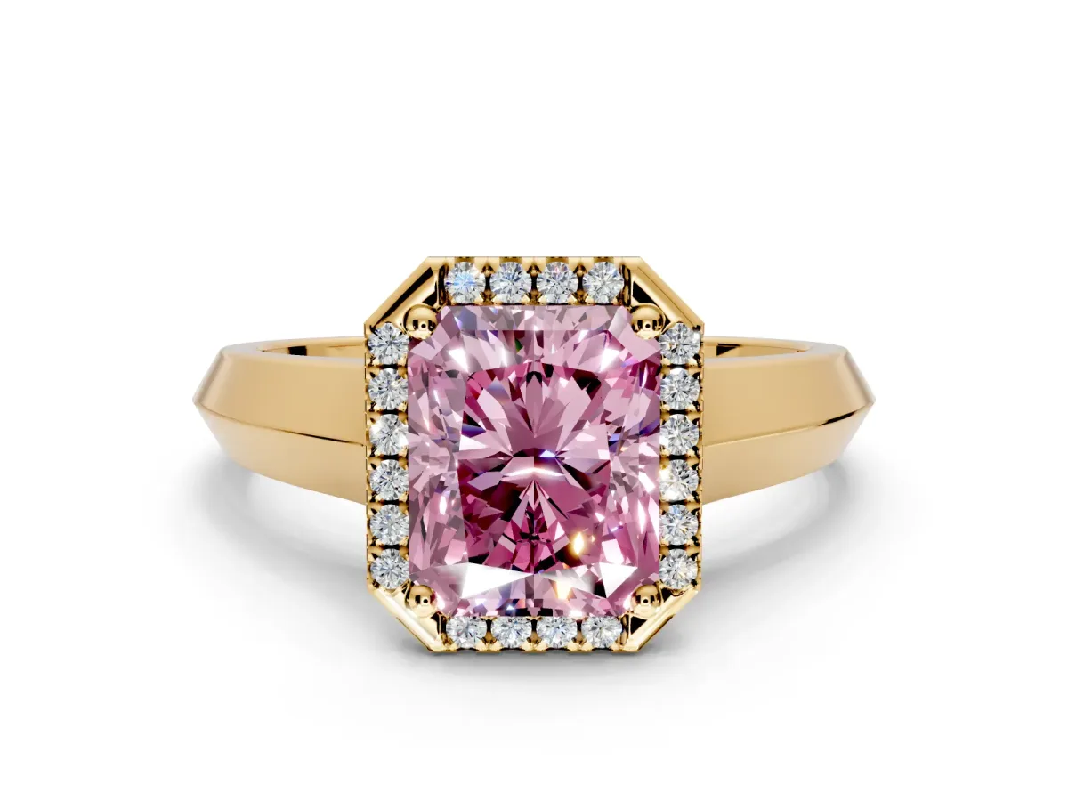 Halo Engagement Ring Setting for Fancy Pink Radiant Cut Center with Knife Ridge Cathedral Band and Prong Head in Yellow Gold