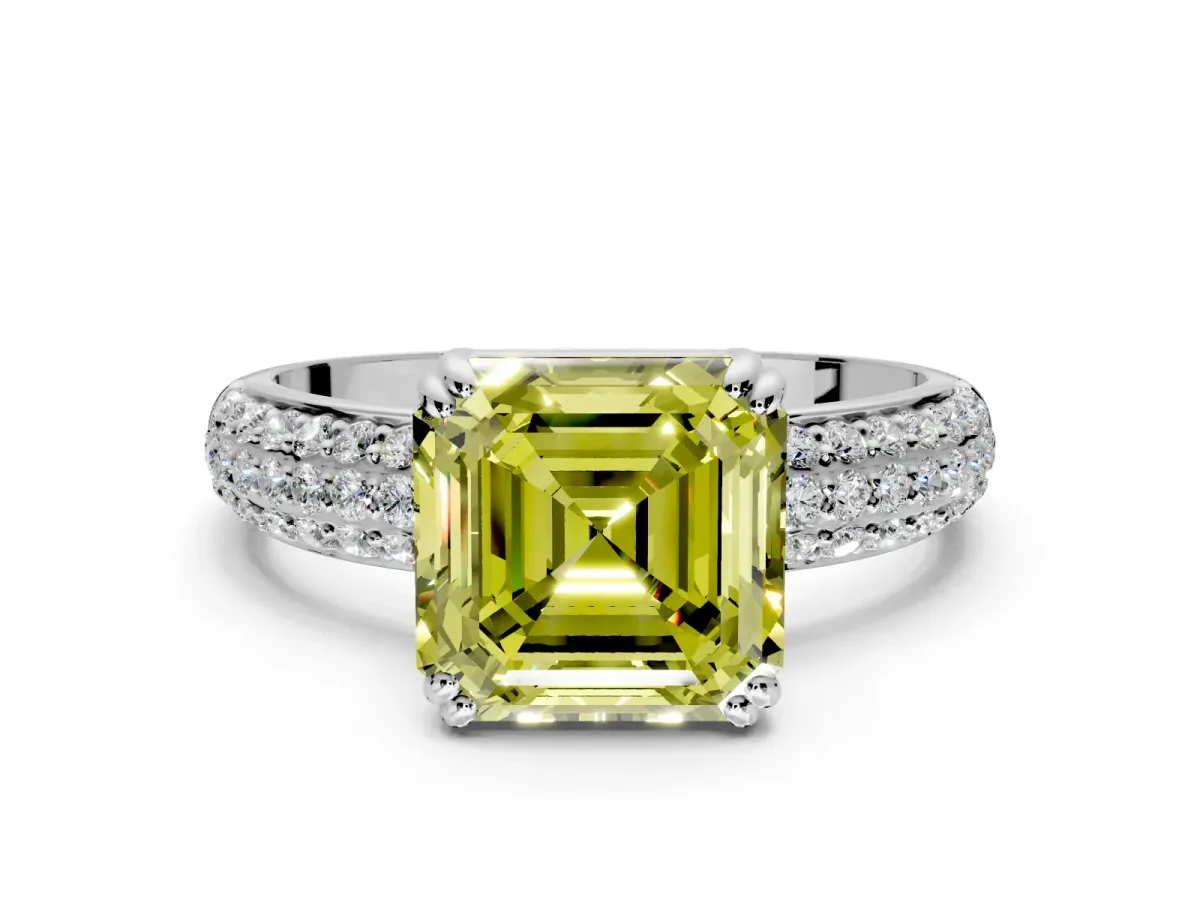 Solitaire Engagement Ring Setting for Fancy Yellow Asscher Cut Center with Multi-Row Pave Accents and Basket Head in Sterling Silver
