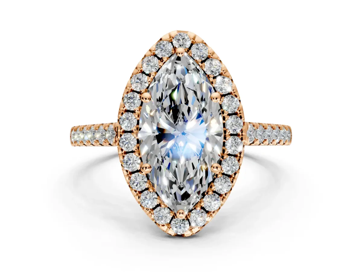 Halo Engagement Ring Setting for Marquise Center with Raised Halo, Pave Band and Prong Head in Rose Gold