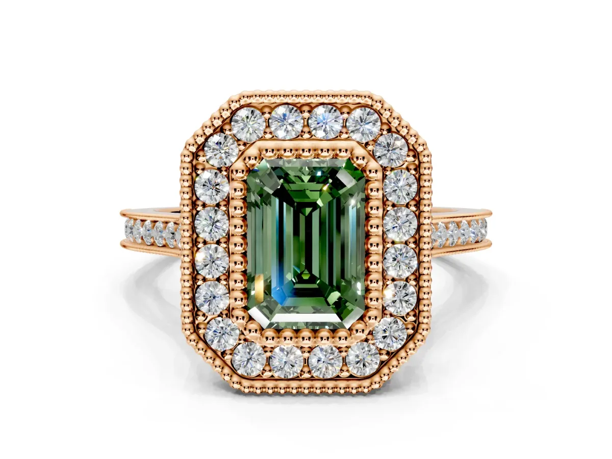 Halo Engagement Ring Setting for Fancy Green Emerald Cut Center with Milgrain Frame, Pave Band and Prong Head in Rose Gold