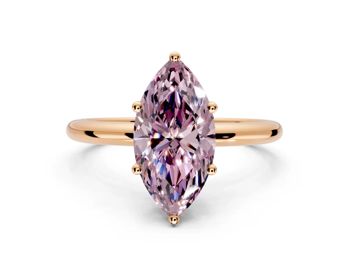Hidden Halo Engagement Ring Setting for Fancy Pink Marquise Center with Thin Round-Wire Band and Prong Head in Rose Gold