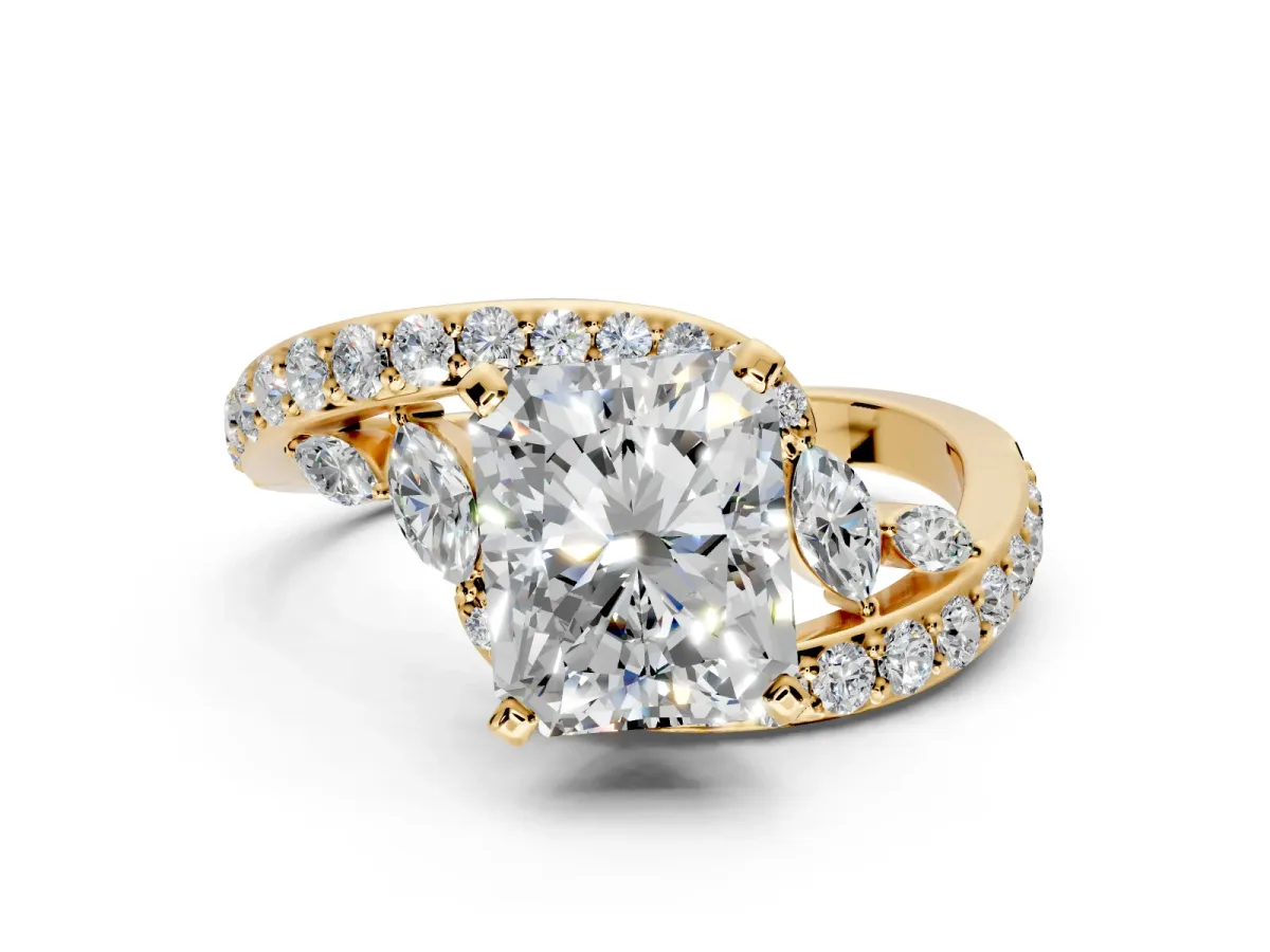 Solitaire Engagement Ring Setting for Radiant Cut Center with Pave Bypass Twist Band and Prong Head in Yellow Gold