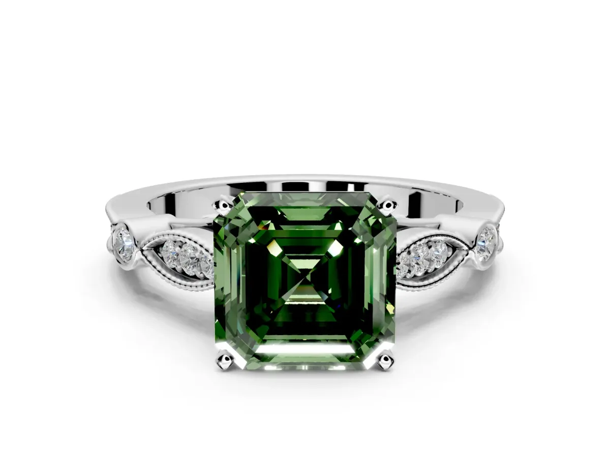 Solitaire Engagement Ring Setting for Fancy Green Asscher Cut Center with Marquise and Bezel Accents and Prong Head in Platinum