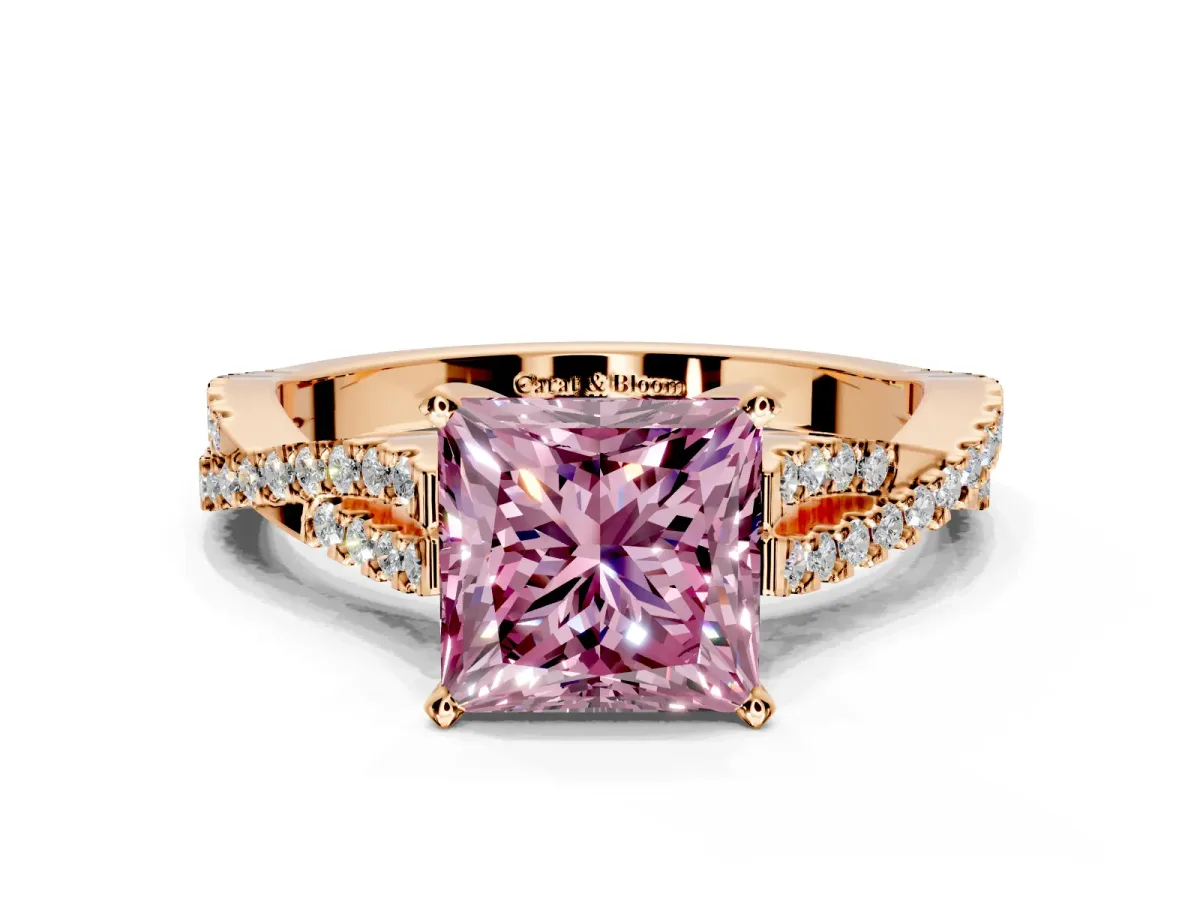 Solitaire Engagement Ring Setting for Fancy Pink Princess Cut Center with Twisted Pave Split Shank and Prong Head in Rose Gold