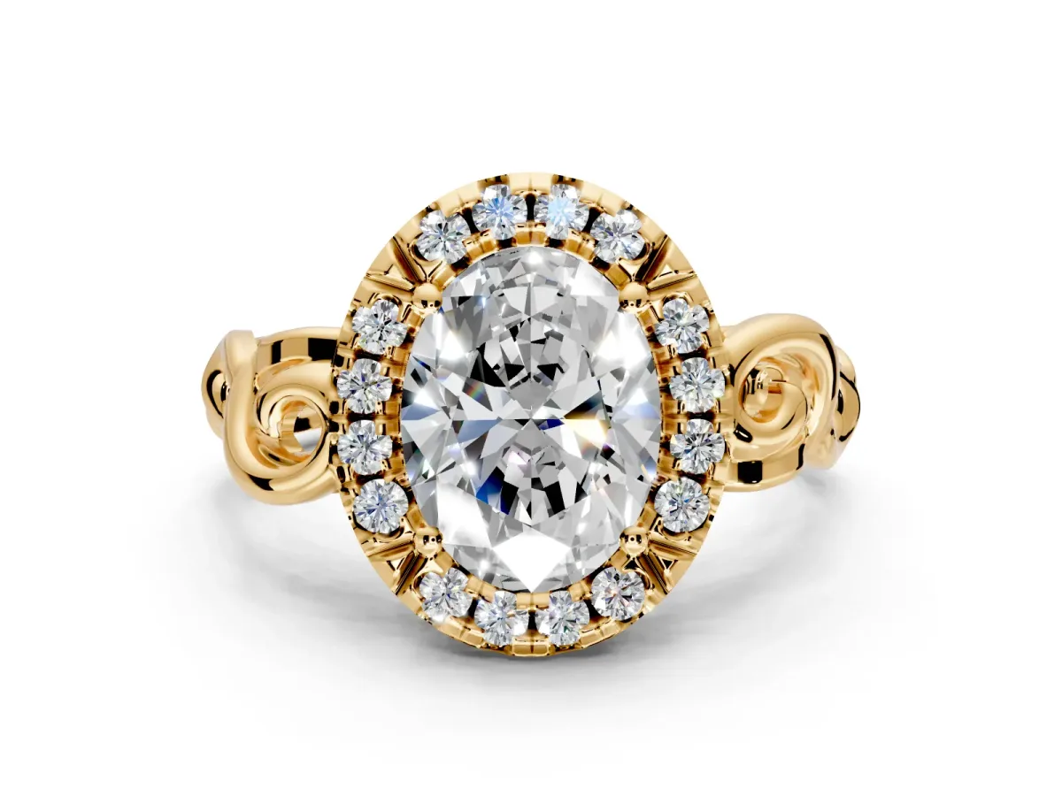 Halo Engagement Ring Setting for Oval Center with Open Scroll Shoulders and Prong Head in Yellow Gold