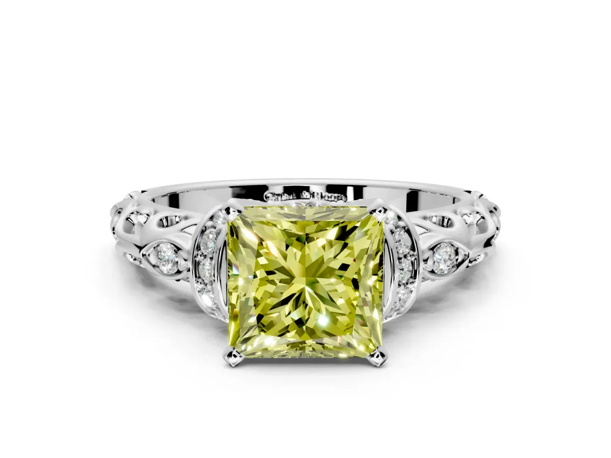 Solitaire Engagement Ring Setting for Fancy Yellow Princess Cut Center with Filigree Band and Prong Head in White Gold