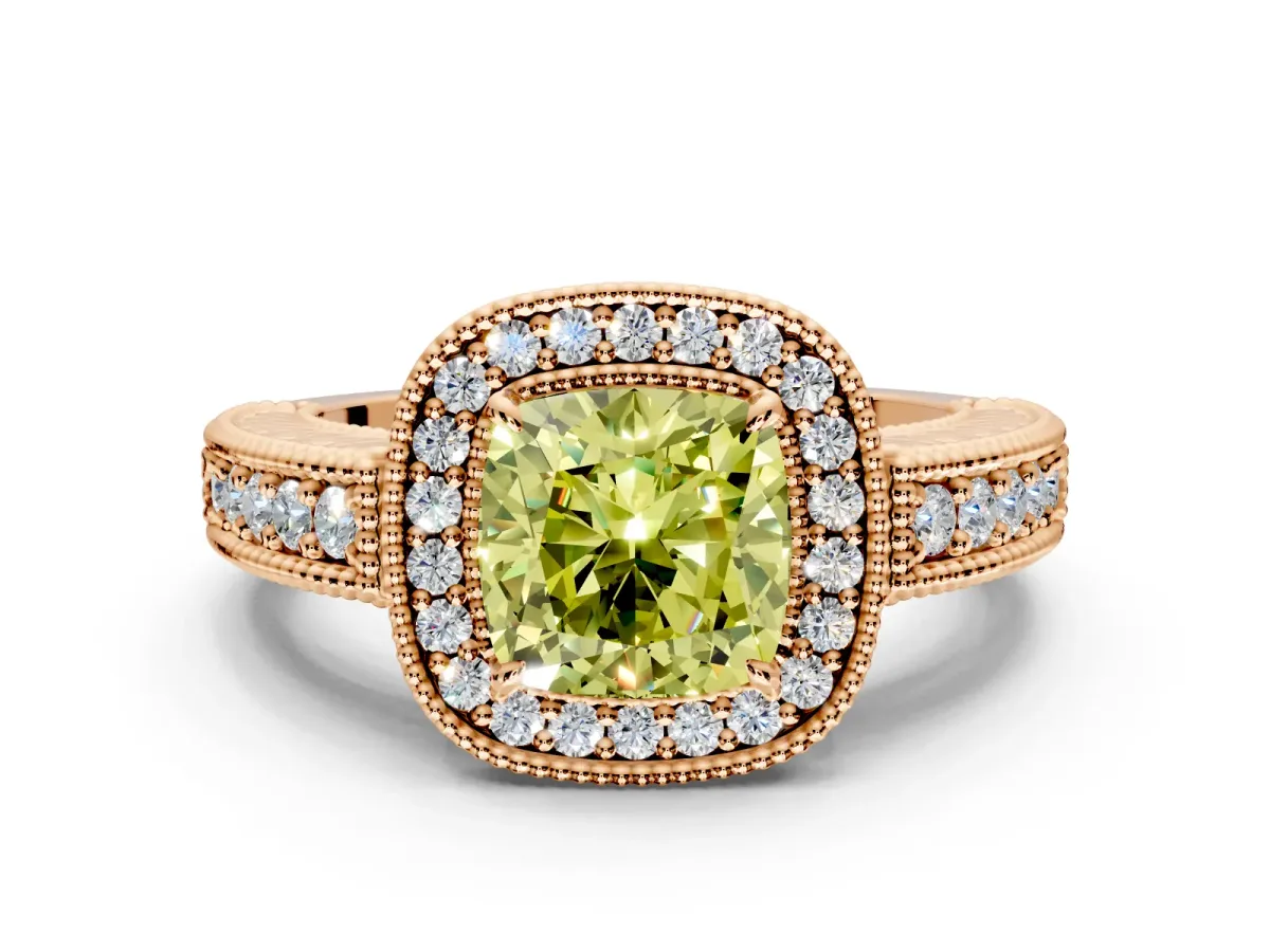 Milgrain Halo Engagement Ring Setting for Fancy Yellow Cushion Cut Center with Pave Band and Prong Head in Rose Gold