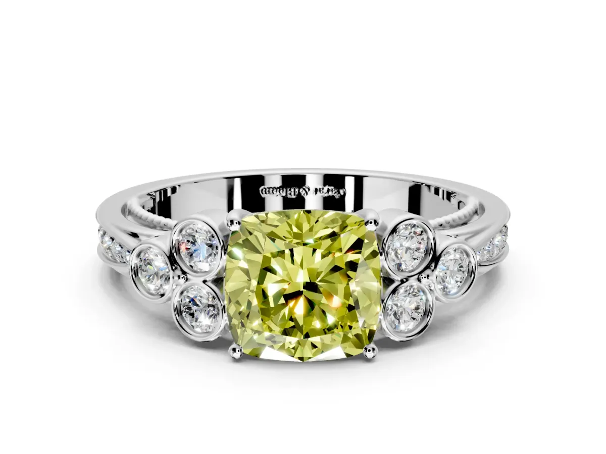 Cluster Engagement Ring Setting for Fancy Yellow Cushion Cut Center with Bezel Accent Clusters and Prong Head in Platinum